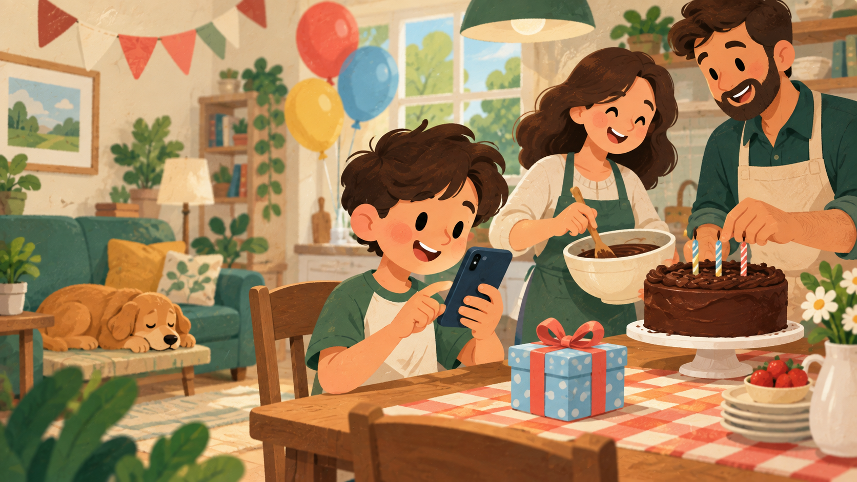Una familia preparando una celebración de cumpleaños