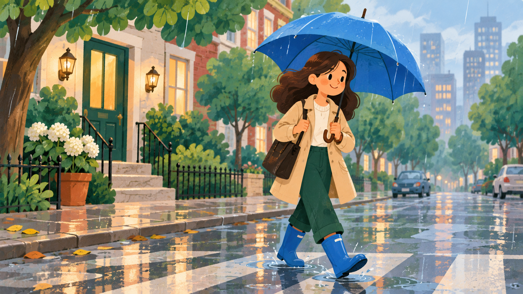 Una joven caminando bajo la lluvia con paraguas y botas