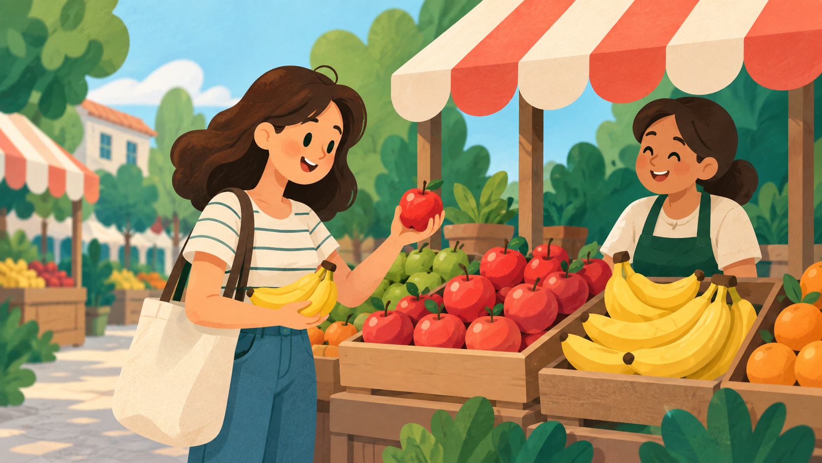 Ana comprando manzanas y bananas en el mercado de frutas
