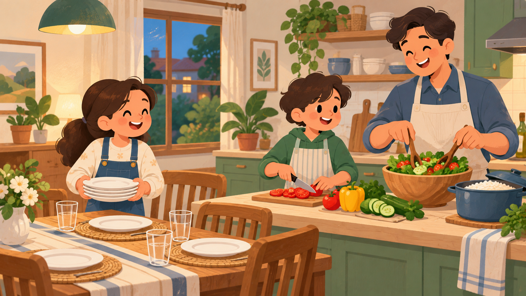 Una familia preparando la cena en casa