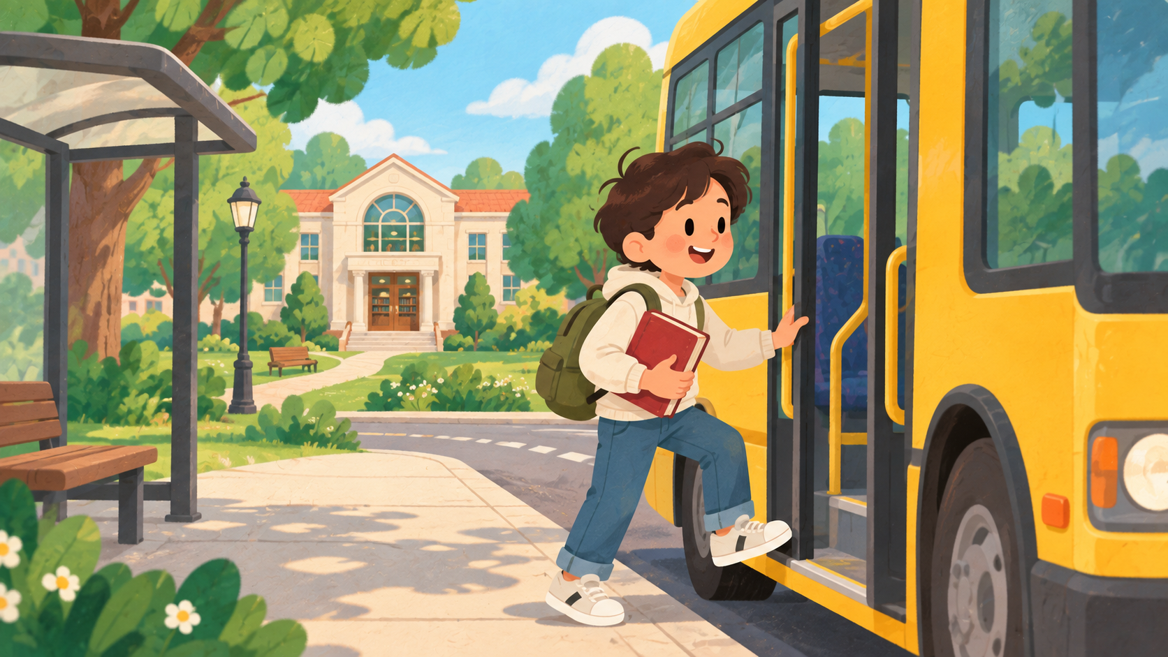 Un estudiante subiendo al autobús frente a la biblioteca